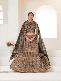 Odette - Brown Printed Semi Stitched Lehenga with Unstitched Blouse and Dupatta (Set of 3)