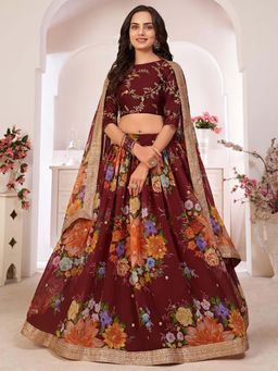 Odette - Floral Maroon Semi Stitched Lehenga with Unstitched Blouse and Dupatta (Set of 3)