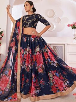 Odette - Floral Navy Blue Semi Stitched Lehenga with Unstitched Blouse and Dupatta (Set of 3)