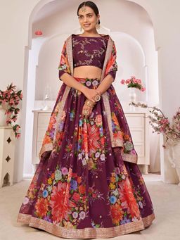Odette - Floral Purple Semi Stitched Lehenga with Unstitched Blouse and Dupatta (Set of 3)