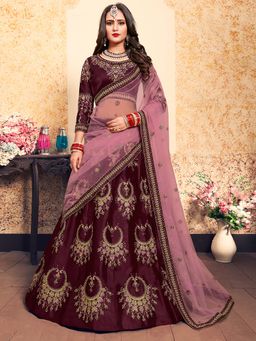 Odette - Soft Net Maroon Semi Stitched Lehenga with Unstitched Blouse and Dupatta (Set of 3)