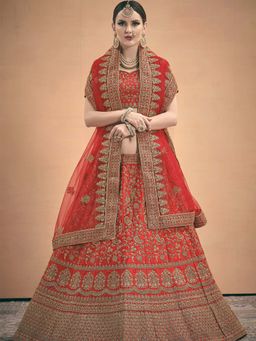 Odette - Red Embroidered Bridal Semi Stitched Lehenga with Unstitched Blouse and Dupatta (Set of 3)