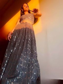 Odette - Grey Semi Stitched Lehenga with Unstitched Blouse and Dupatta (Set of 3)