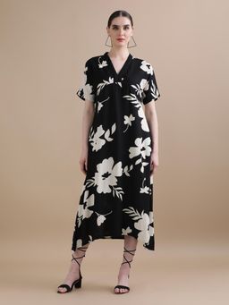 Black & Blah Blah - Black V-Neck Printed Midi Dress