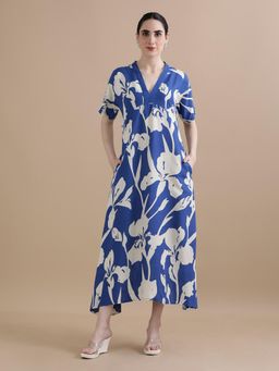 Black & Blah Blah - Blue V-Neck Printed Midi Dress