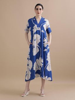 Black & Blah Blah - Blue V-Neck Printed Midi Dress