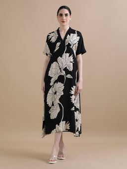 Black & Blah Blah - Black V-Neck Printed Midi Dress