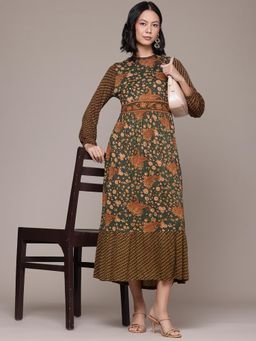 Aarke Ritu Kumar - Green Round Neck Printed Midi Dress