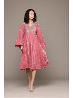 Aarke Ritu Kumar - Pink V-Neck Embroidered Midi Dress
