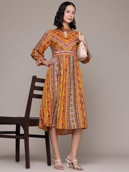 Aarke Ritu Kumar - Yellow Keyhole Neck Printed Midi Dress