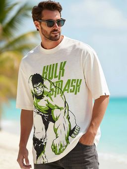 Bewakoof - Air 1.0 Official Marvel Men's Gardenia Hulk Smash Graphic Printed Oversized T-shirt