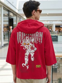 Bewakoof - Marvel Men Salsa Red Ironman Character Printed Oversized Fit Hoodie T-Shirt