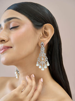 Fida - White 14K Rhodium-Plated Aaa American Diamond Pearls Chandbalis Earrings