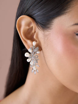 Fida - White 14K Rhodium-Plated Aaa American Diamond Pearls Drop Earrings