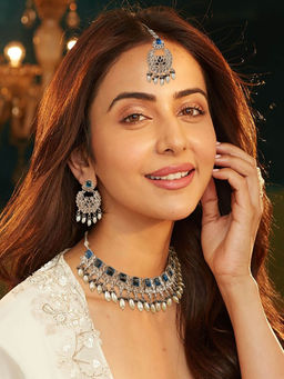 Accessher - Blue Square Shaped Silver Toned American Diamond Stone Studded Necklace Set