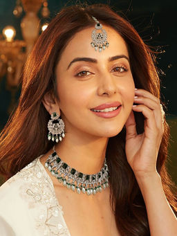 Accessher - Green Square Shaped Silver Toned American Diamond Stone Studded Necklace Set