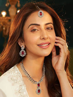 Accessher - Red & White Two-Layered Sparkling Square-Shaped Crystal Necklace Set