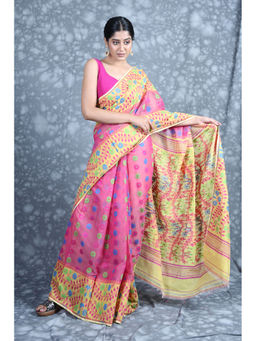 CHARUKRITI - Floral Border Pink Jamdani Saree with Unstitched Blouse