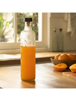 Ellementry - Frosted Leaf Glass Water Bottle with Black Wooden Stopper for Dining Table