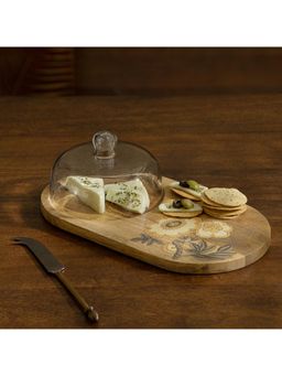 Ellementry - Fleur D’Or Wooden Serving Platter with Glass Cloche Dome