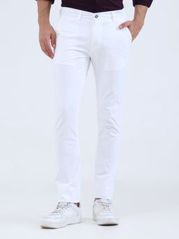 Greenfibre - Men White Solid Cotton Stretchable Casual Trousers