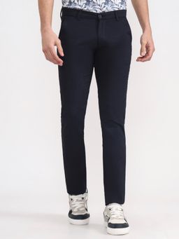 Greenfibre - Navy Blue Textured Cotton Stretch Casual Trouser Super Slim Fit Comfortable and Sty