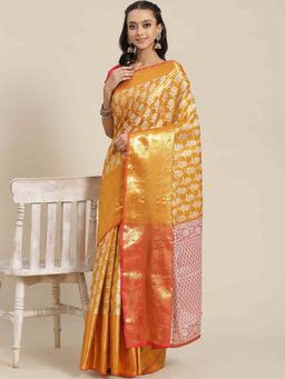 Silk Land - Brocade Heavy Silk Saree with Unsticthed Blouse Piece Mustard with Unstitched