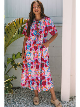 PARTIQ - Rose Floral Tied Front High Waist Short Sleeve Loose Long Dress