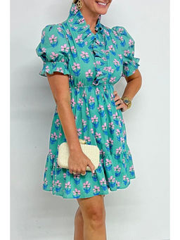 PARTIQ - Green Floral Print Frilly Smocked Detail High Waist Mini Dress