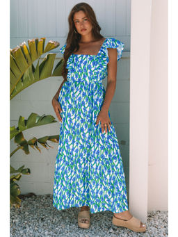 PARTIQ - Blue Floral Print Square Neck Ruffled Strap Maxi Dress