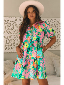 PARTIQ - Green Floral Puff Sleeve Collar Buttoned Babydoll Dress