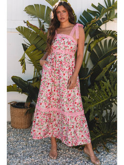 PARTIQ - White/Pink Floral Lace Tied Strap Empire Waist Maxi Dress