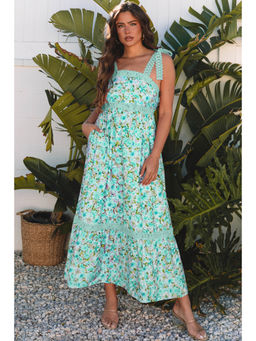 PARTIQ - Green Floral Lace Tied Strap Empire Waist Maxi Dress