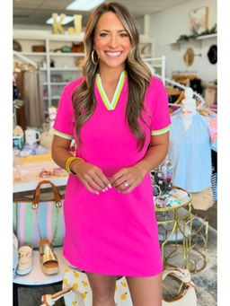 PARTIQ - Rose Pink Contrast Trim V Neck T-shirt Dress