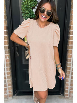 PARTIQ - Parchment Corded Knit Crew Neck Puff Sleeve Shift Mini Dress
