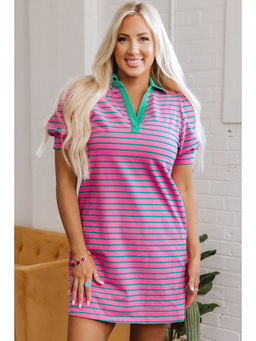 PARTIQ - Pink Stripe Collared V-Neck Puff Sleeve T-Shirt Dress