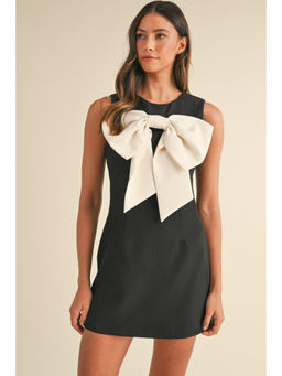 PARTIQ - Black Contrast Bowknot Applique Crew Neck Sleeveless Mini Dress