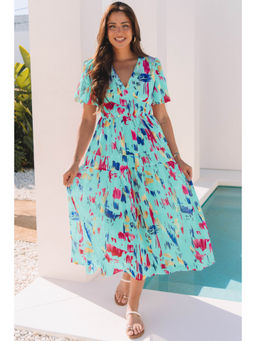 PARTIQ - Sky Blue Abstract Print Short Puff Sleeve Tiered Maxi Dress