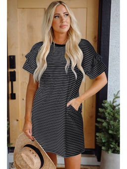 PARTIQ - Black Stripe Ruffled Short Sleeve T Shirt Shift Mini Dress