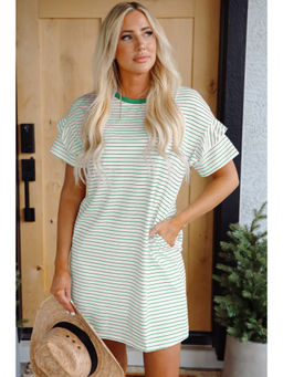 PARTIQ - Green Stripe Ruffled Short Sleeve T Shirt Shift Mini Dress