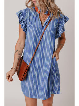 PARTIQ - Sky Blue Stripe Frilly Split Neck Shirred Ruffle Sleeve Short Shift Dress