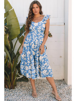 PARTIQ - Sky Blue Floral U Neck Flutter Shoulder Tiered Flowy Midi Dress