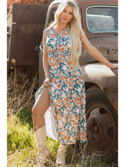 PARTIQ - Green Floral Print Trimmed V Neck Tie Waist Sleeveless Holiday Long Dress