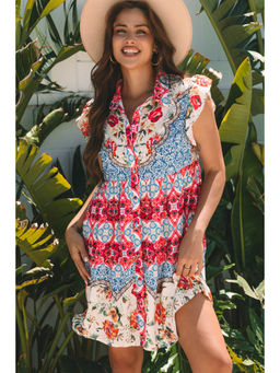 PARTIQ - Rose Floral Mixed Pattern Ruffle Flutter Sleeve Buttoned Dress