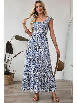 PARTIQ - Sky Blue Boho Print Smocked High Waist Maxi Dress