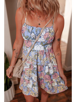 PARTIQ - Sky Blue Floral Tiered Patchwork Spaghetti Strap Vacation Dress