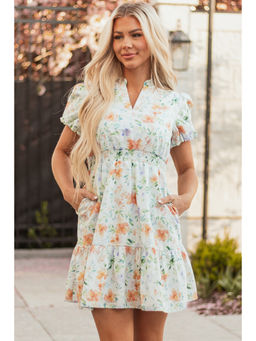 PARTIQ - Beige Floral Print Shirred High Waist Puff Sleeve Mini Dress