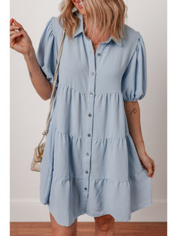 PARTIQ - Beau Blue Shirt Collar Button Up Short Puff Sleeve Tiered Shift Dress