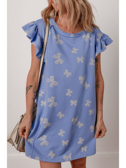 PARTIQ - Sky Blue Bow Knot Print Crewneck Ruffled Sleeve Shift Mini Dress