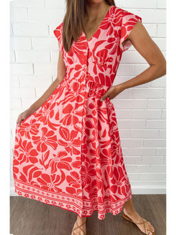 PARTIQ - Red Boho Floral Short Sleeve V Neck Buttoned Shirred Waist Long Dress